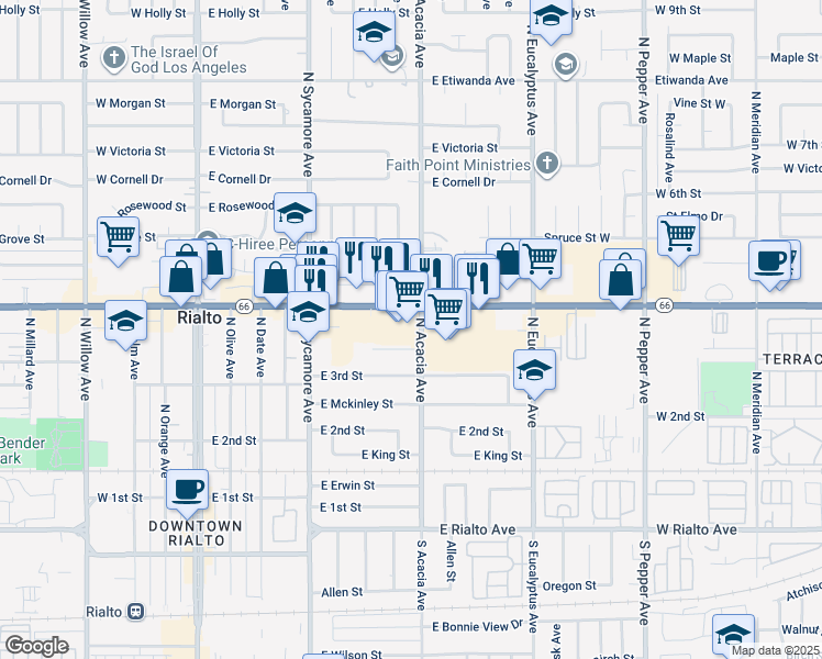 map of restaurants, bars, coffee shops, grocery stores, and more near 454 East Elm Court in Rialto