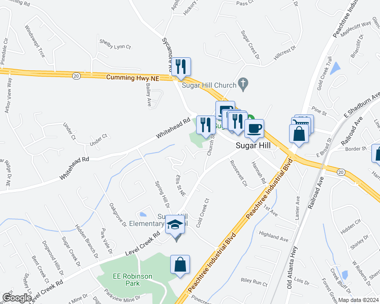 map of restaurants, bars, coffee shops, grocery stores, and more near Top Cat Court in Sugar Hill