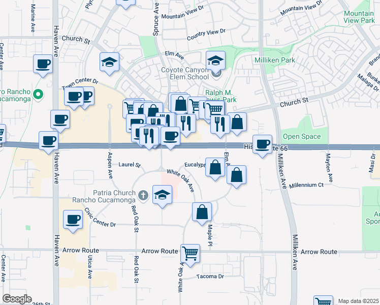 map of restaurants, bars, coffee shops, grocery stores, and more near 11000 Eucalyptus Street in Rancho Cucamonga