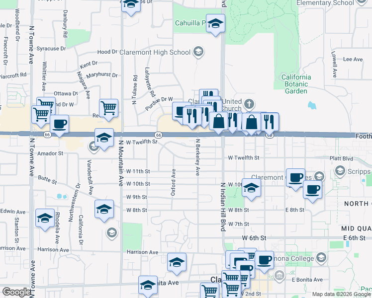 map of restaurants, bars, coffee shops, grocery stores, and more near 525 West 12th Street in Claremont