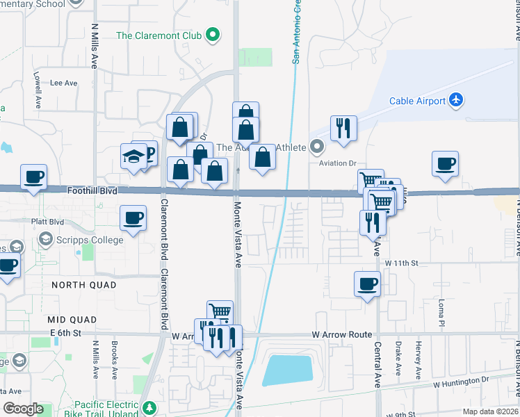 map of restaurants, bars, coffee shops, grocery stores, and more near 893 Harvest Avenue in Upland