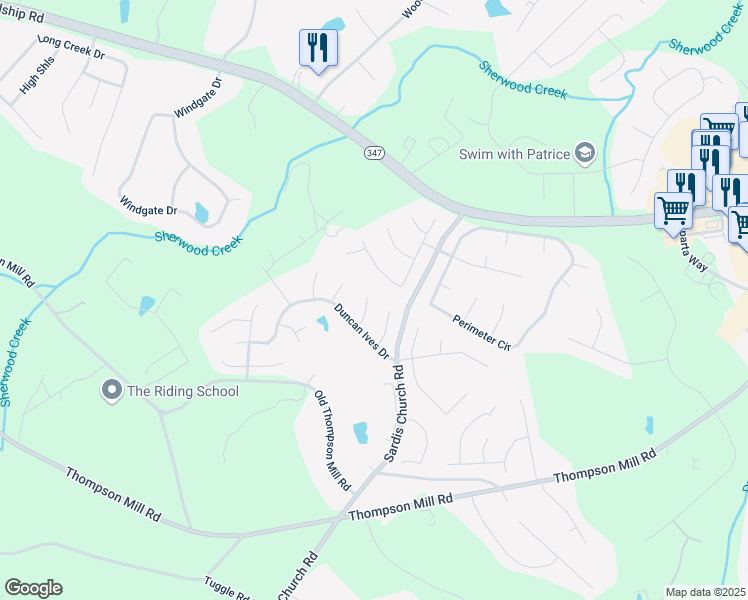 map of restaurants, bars, coffee shops, grocery stores, and more near 3045 Gem Creek Road Northeast in Buford
