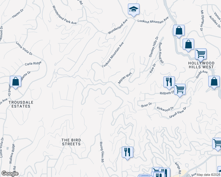 map of restaurants, bars, coffee shops, grocery stores, and more near 2081 Sunset Plaza Drive in Los Angeles