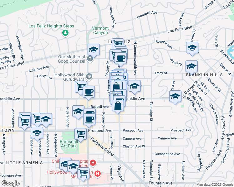 map of restaurants, bars, coffee shops, grocery stores, and more near 1917 Hillhurst Avenue in Los Angeles