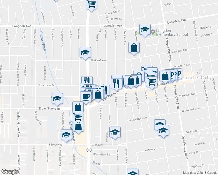 map of restaurants, bars, coffee shops, grocery stores, and more near 9108 Hermosa Drive in Temple City