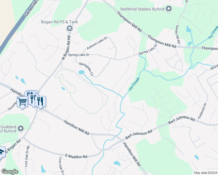 map of restaurants, bars, coffee shops, grocery stores, and more near 3900 Piper Glen Drive Northeast in Buford