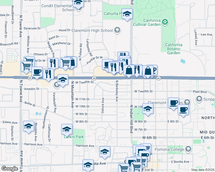 map of restaurants, bars, coffee shops, grocery stores, and more near 540 West Baughman Avenue in Claremont