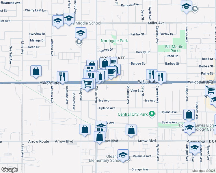 map of restaurants, bars, coffee shops, grocery stores, and more near 16175 Foothill Boulevard in Fontana
