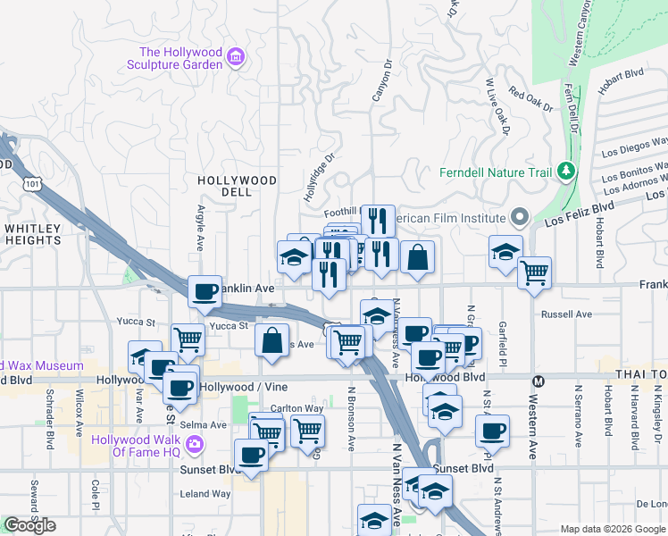 map of restaurants, bars, coffee shops, grocery stores, and more near 1922 Tamarind Avenue in Los Angeles