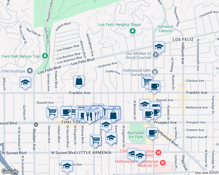 map of restaurants, bars, coffee shops, grocery stores, and more near 1920 Alexandria Avenue in Los Angeles