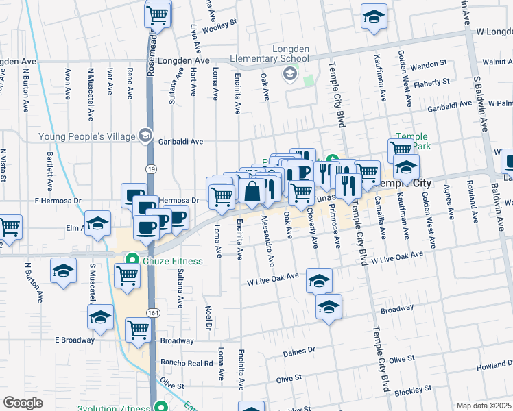 map of restaurants, bars, coffee shops, grocery stores, and more near 5844 Alessandro Avenue in Temple City