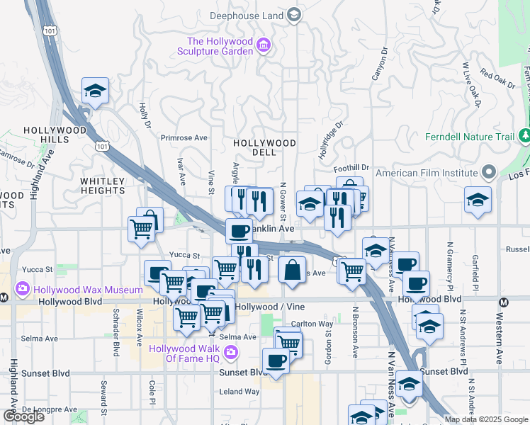 map of restaurants, bars, coffee shops, grocery stores, and more near 1926 Vista Del Mar Avenue in Los Angeles