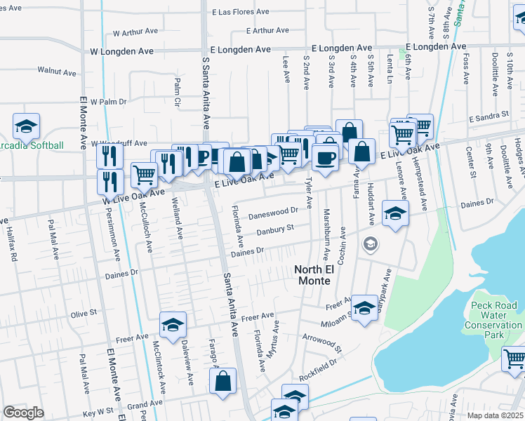 map of restaurants, bars, coffee shops, grocery stores, and more near 11147 Daneswood Drive in Arcadia