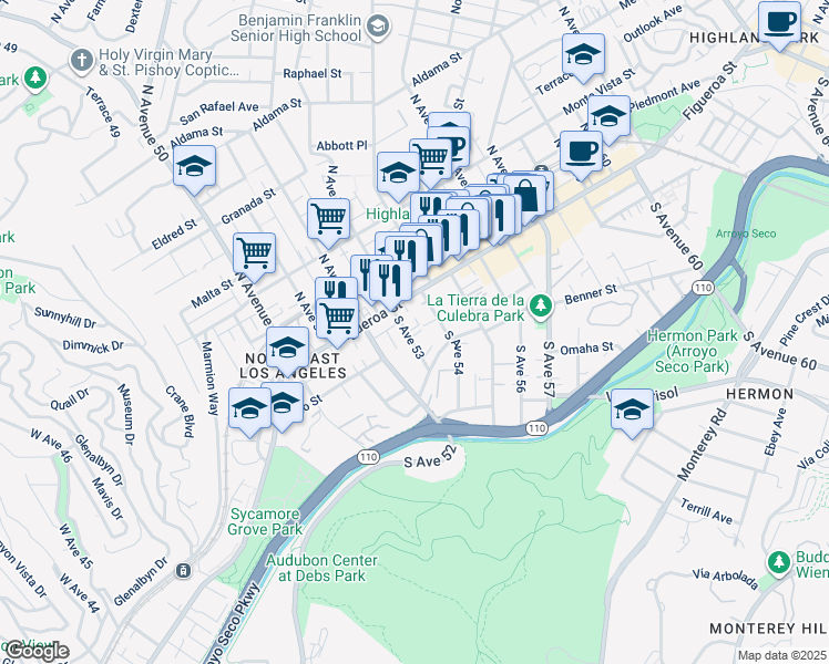 map of restaurants, bars, coffee shops, grocery stores, and more near 135 South Avenue 53 in Los Angeles