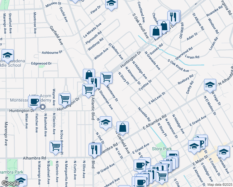 map of restaurants, bars, coffee shops, grocery stores, and more near 1100 North Monterey Street in Alhambra