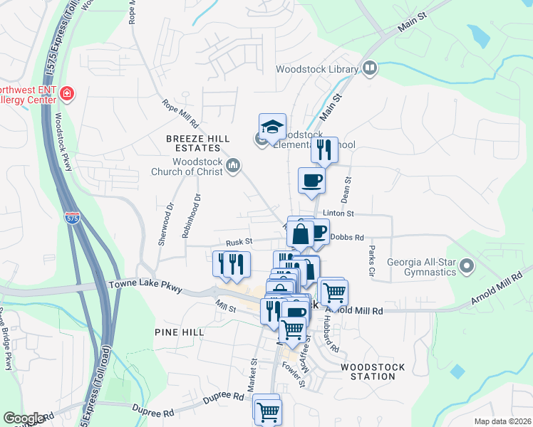 map of restaurants, bars, coffee shops, grocery stores, and more near 205A Rope Mill Road in Woodstock