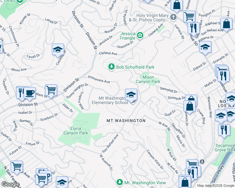map of restaurants, bars, coffee shops, grocery stores, and more near 1749 Sunny Heights Drive in Los Angeles