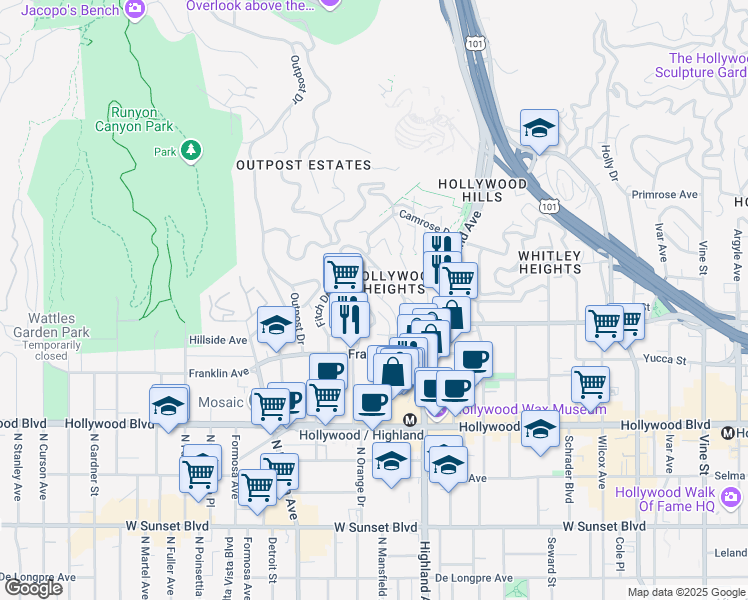 map of restaurants, bars, coffee shops, grocery stores, and more near 2001 Pinehurst Road in Los Angeles