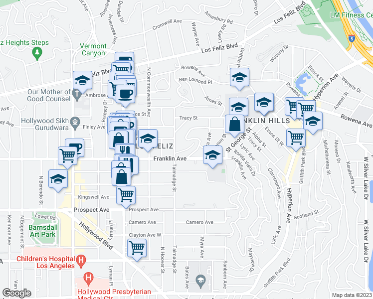 map of restaurants, bars, coffee shops, grocery stores, and more near Newdale Drive in Los Angeles