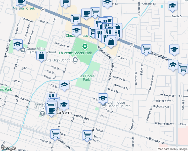 map of restaurants, bars, coffee shops, grocery stores, and more near 3014 Bolling Avenue in La Verne