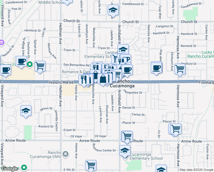 map of restaurants, bars, coffee shops, grocery stores, and more near 9612 Hampshire Street in Rancho Cucamonga