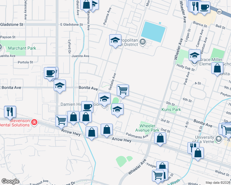 map of restaurants, bars, coffee shops, grocery stores, and more near 1231 Bonita Avenue in La Verne