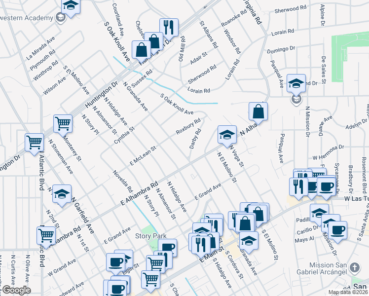 map of restaurants, bars, coffee shops, grocery stores, and more near 740 North Granada Avenue in San Marino
