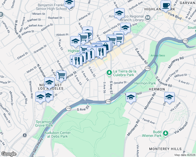 map of restaurants, bars, coffee shops, grocery stores, and more near 221 South Avenue 55 in Los Angeles