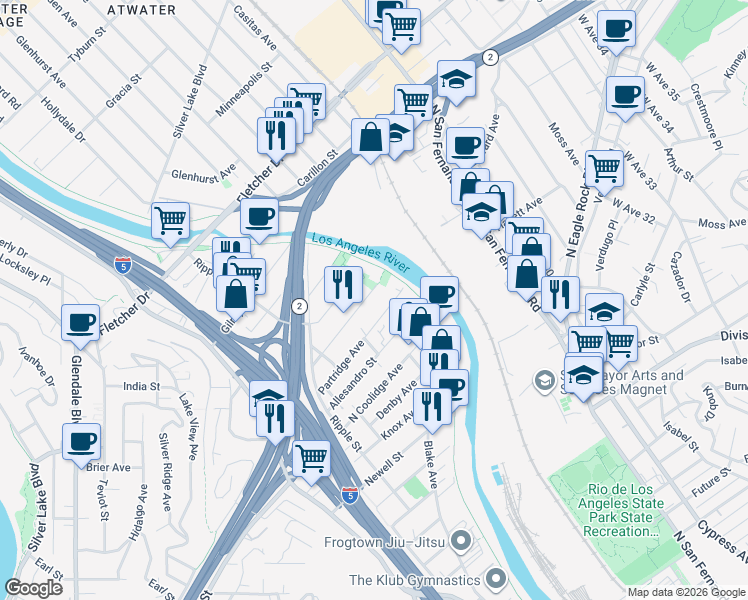 map of restaurants, bars, coffee shops, grocery stores, and more near 2921 Partridge Avenue in Los Angeles