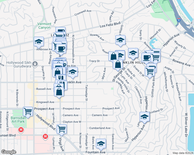 map of restaurants, bars, coffee shops, grocery stores, and more near 4207 Franklin Avenue in Los Angeles