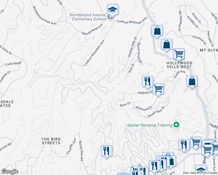 map of restaurants, bars, coffee shops, grocery stores, and more near 8760 Appian Way in West Hollywood