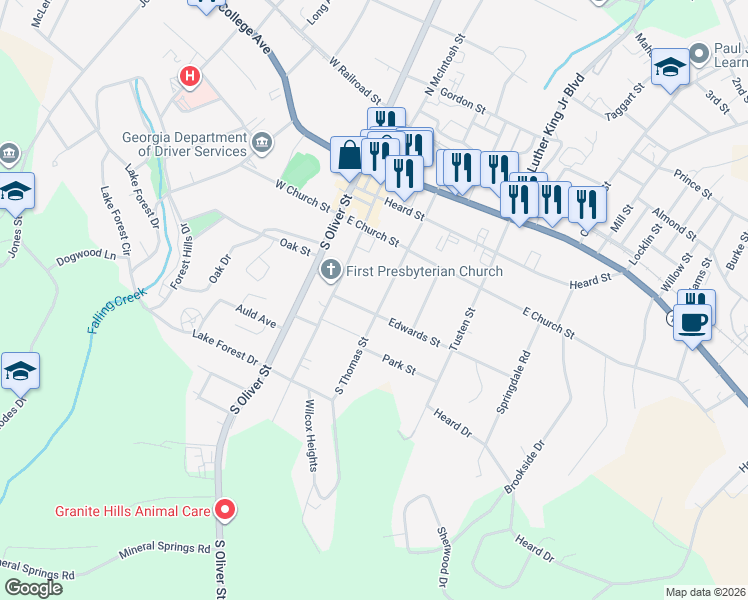 map of restaurants, bars, coffee shops, grocery stores, and more near 128 Edwards Street in Elberton