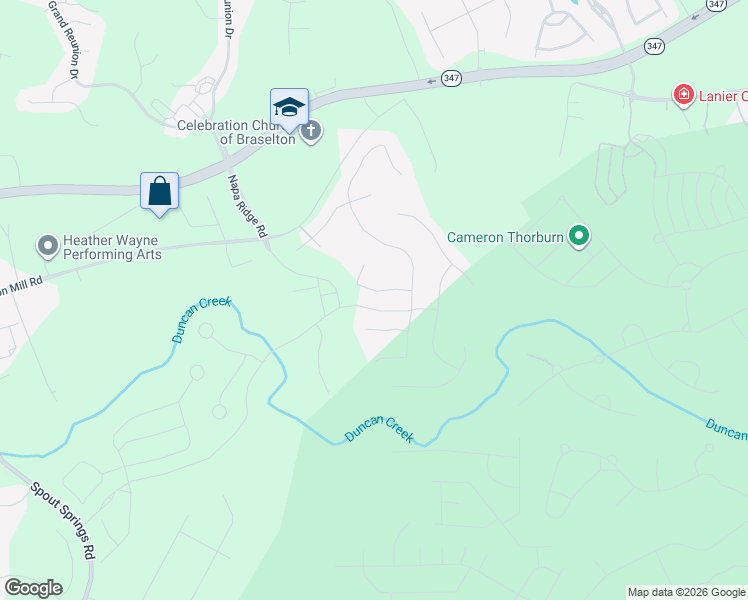 map of restaurants, bars, coffee shops, grocery stores, and more near 5726 Sierra Bend Way in Flowery Branch