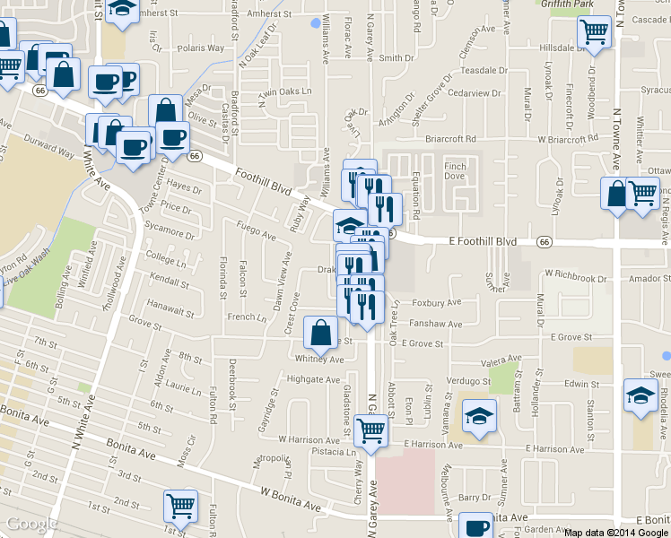 map of restaurants, bars, coffee shops, grocery stores, and more near 150 Drake Street in Pomona