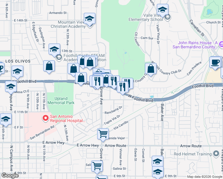 map of restaurants, bars, coffee shops, grocery stores, and more near 8161 Foothill Boulevard in Rancho Cucamonga