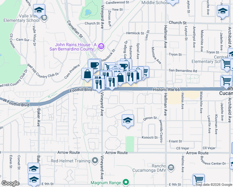 map of restaurants, bars, coffee shops, grocery stores, and more near Unnamed Road in Rancho Cucamonga