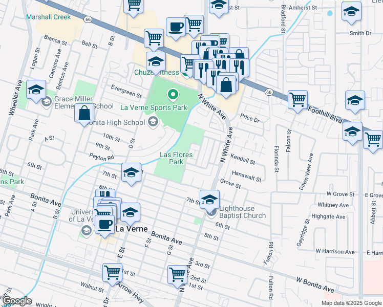 map of restaurants, bars, coffee shops, grocery stores, and more near 3014 Bolling Avenue in La Verne