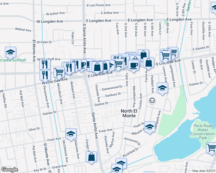 map of restaurants, bars, coffee shops, grocery stores, and more near 11147 Daneswood Drive in Arcadia