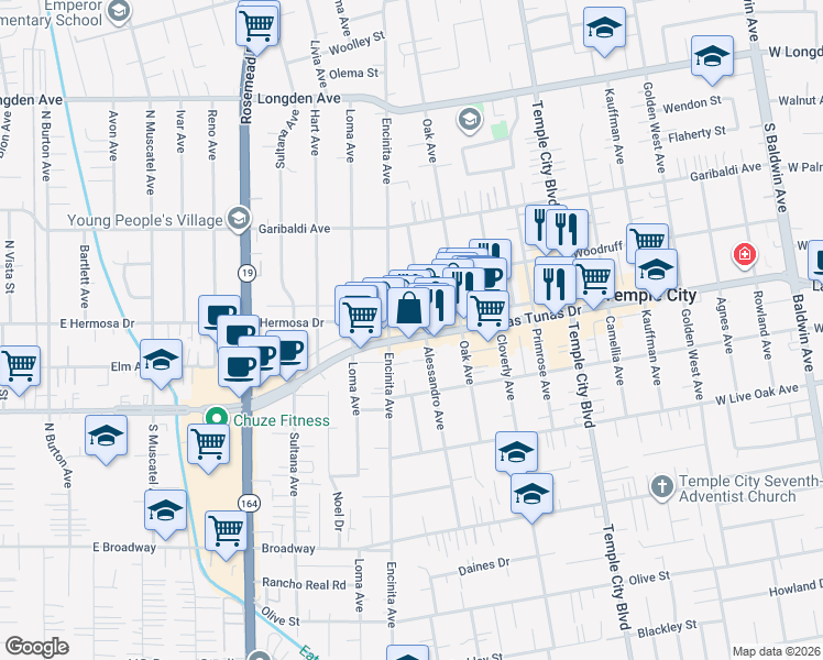 map of restaurants, bars, coffee shops, grocery stores, and more near 9225 Las Tunas Drive in Temple City