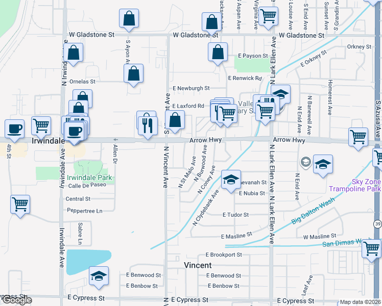 map of restaurants, bars, coffee shops, grocery stores, and more near 5147 North Saint Malo Avenue in Covina