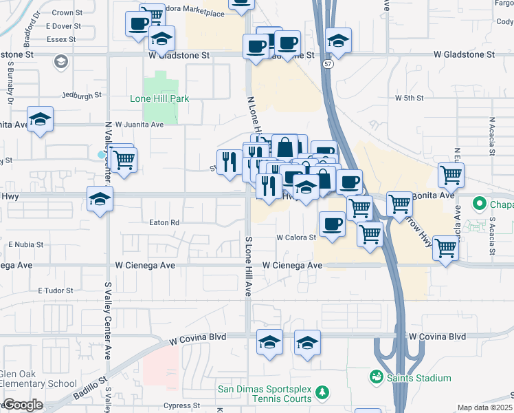 map of restaurants, bars, coffee shops, grocery stores, and more near 1086 West Arrow Highway in San Dimas