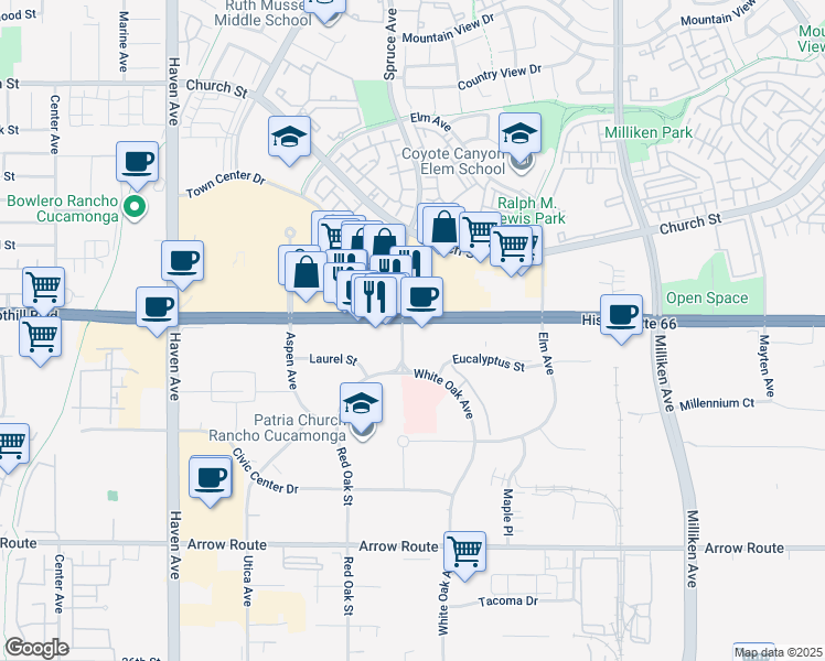 map of restaurants, bars, coffee shops, grocery stores, and more near 8147-8169 Spruce Ave in Rancho Cucamonga