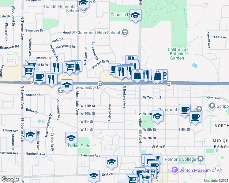 map of restaurants, bars, coffee shops, grocery stores, and more near 580 West 12th Street in Claremont