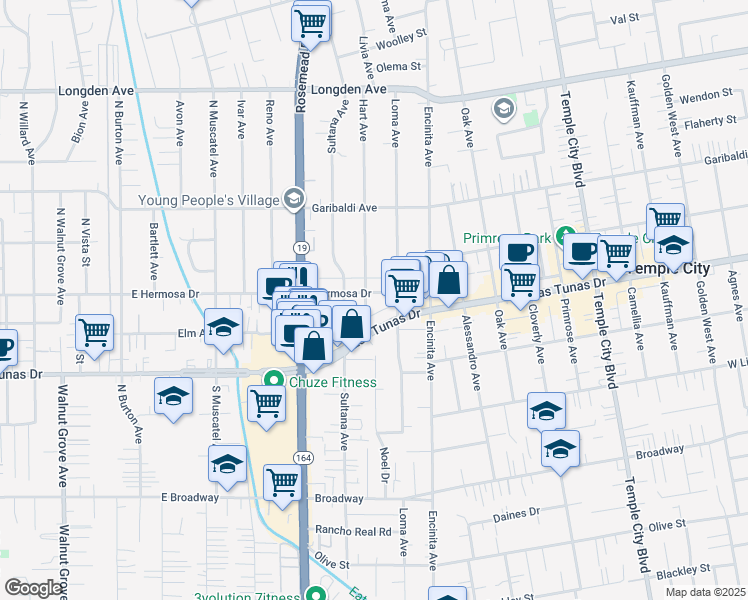map of restaurants, bars, coffee shops, grocery stores, and more near 9108 Hermosa Drive in Temple City