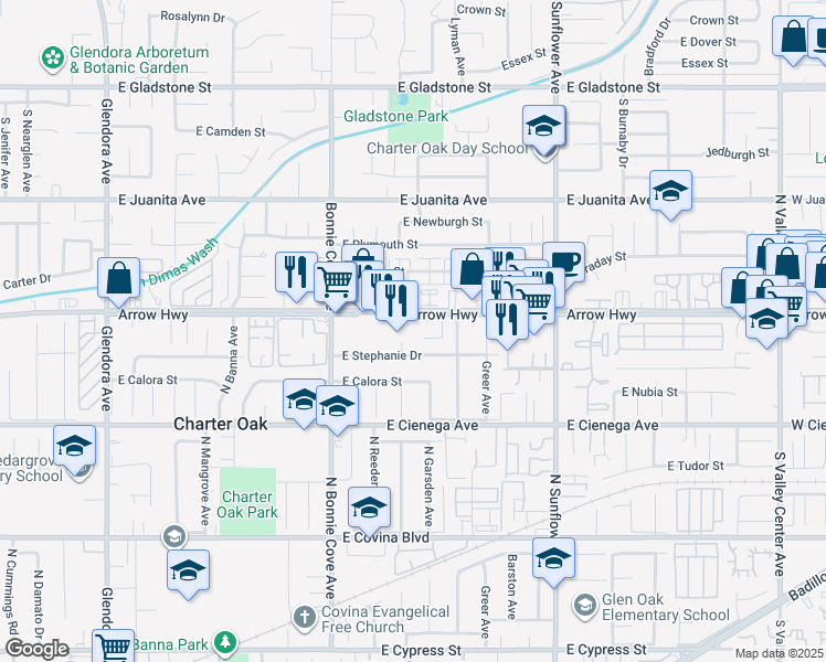 map of restaurants, bars, coffee shops, grocery stores, and more near 20631 East Stephanie Drive in Covina