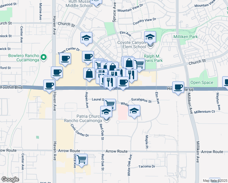 map of restaurants, bars, coffee shops, grocery stores, and more near 8169 Spruce Avenue in Rancho Cucamonga