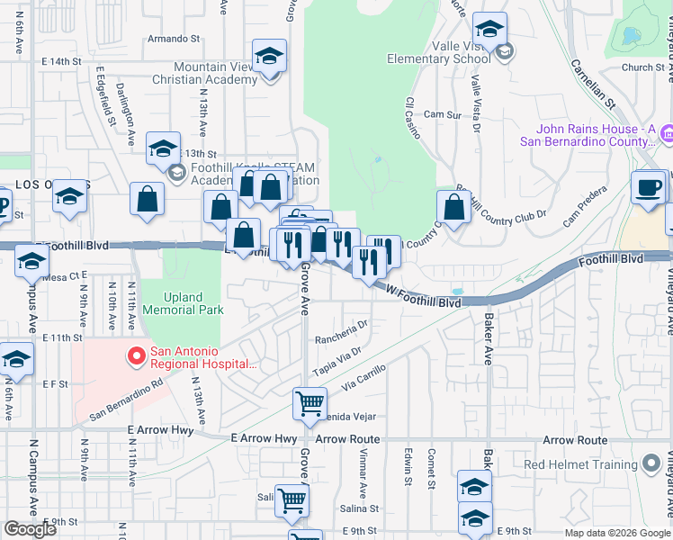 map of restaurants, bars, coffee shops, grocery stores, and more near 8161 Foothill Boulevard in Rancho Cucamonga