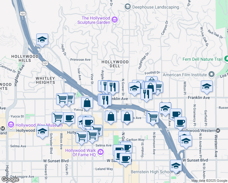 map of restaurants, bars, coffee shops, grocery stores, and more near 1926 Vista Del Mar Avenue in Los Angeles