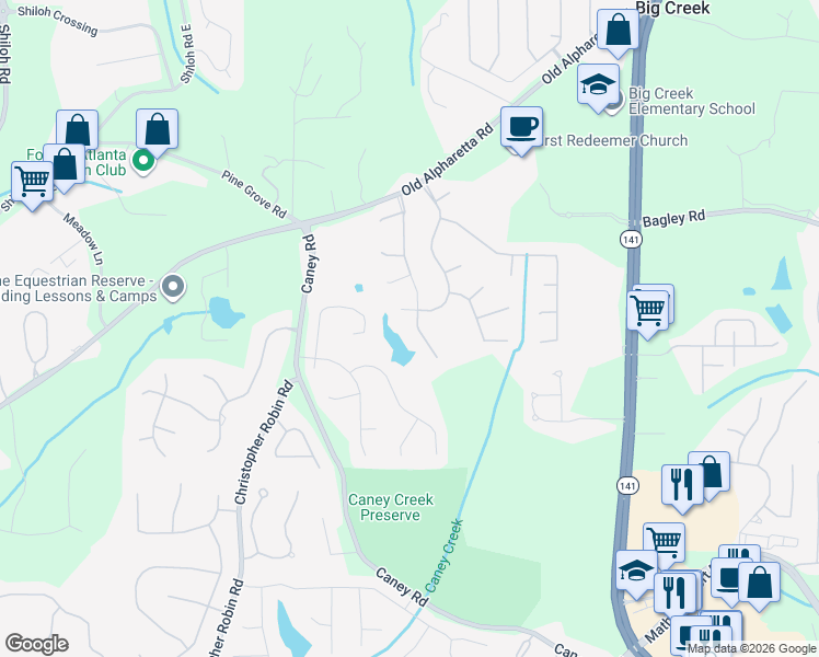 map of restaurants, bars, coffee shops, grocery stores, and more near 2620 Springmonte Place in Cumming