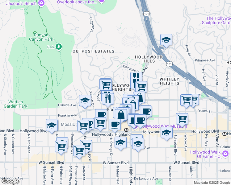 map of restaurants, bars, coffee shops, grocery stores, and more near 2001 Pinehurst Road in Los Angeles